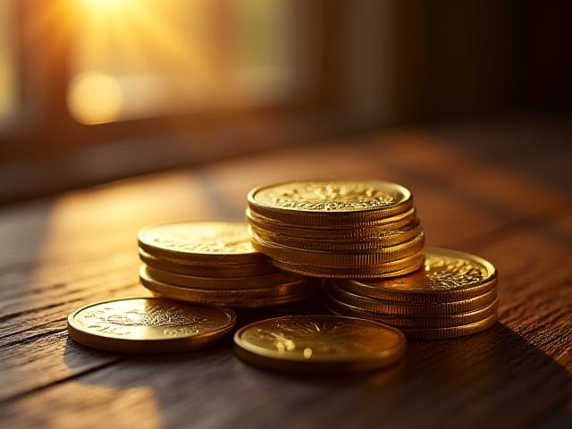 Monedas de oro de inversión apiladas sobre una superficie de madera refinada